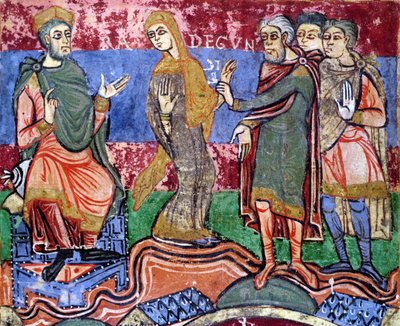 Ms 250 f.24r Sainte Radegonde (518-87) conduite devant Clothar Ier (497-561) de la Vie de Sainte Radegonde - French School