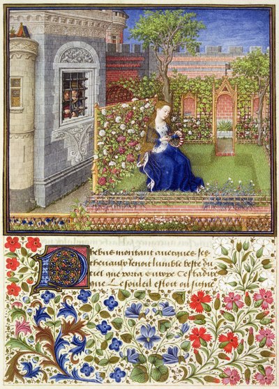 Ms 2617 Émilie dans son jardin, Planche 22, de La Teseida, par Giovanni Boccaccio (1313-75), 1340-41 - French School