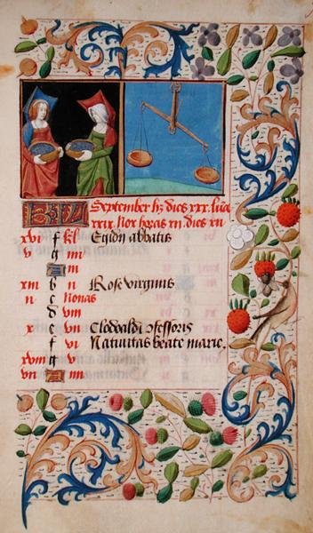 Ms 2697 Calendrier pour le mois de septembre, des 