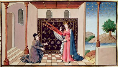 Ms 3045 fol.68v Dame Philosophie offre à Boèce les ailes qui permettront à son esprit de s