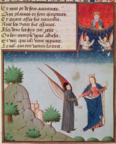 Ms 3045 fol.94r Dame Philosophie conduit Boèce en vol dans le ciel sur les ailes qu
