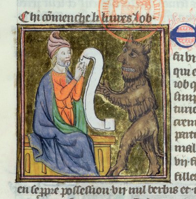 Ms 312 La Tentation de Job par le diable, miniature de la Bible Historiale de Guyart des Moulins - French School