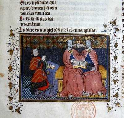 Ms 312 La Trinité et la figure agenouillée du donateur, miniature de la Bible Historiale de Guyart des Moulins - French School