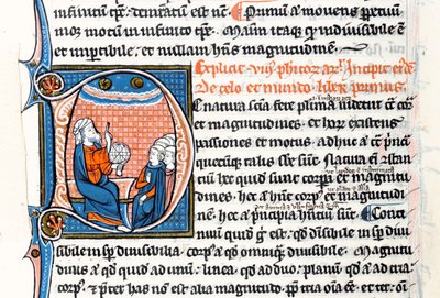 Ms 3458 fol 62vo Initiale historiée D représentant Aristote tenant une sphère armillaire et pointant vers les cieux alors qu