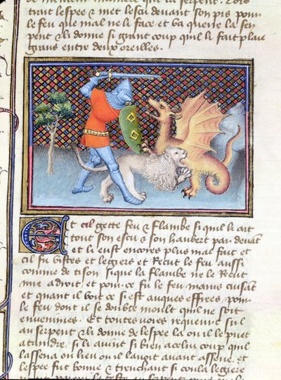 Yvain, le chevalier au lion, combattant un dragon, miniature du Roman de Lancelot - French School