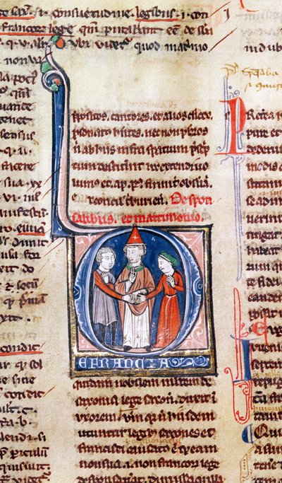 Ms 365 fol.318v Initiale historiée D représentant un mariage, des Décrétales de Grégoire IX - French School