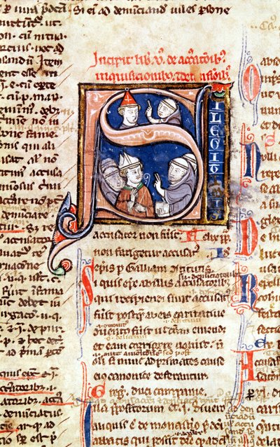 Ms 365 fol.350 Initiale historiée S représentant le pape Grégoire IX (1220-50) avec des évêques et des abbés, des Décrétales de Grégoire IX - French School