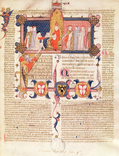 Ms 371 f.1 Jean André présentant son œuvre au pape Clément V (vers 1260-1314) - French School