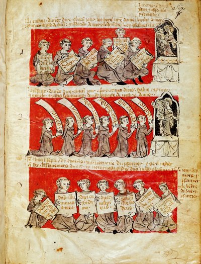 Scènes de la vie des étudiants du Collège de Hubant ou du Collège de la Sainte Vierge à Paris, des Statuts du Collège de Hubant, 1387 - French School