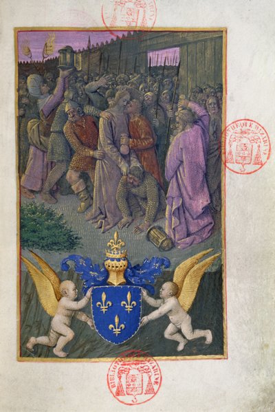 Ms 473 Judas embrassant le Christ, miniature des Heures de Charles de France, vers 1466-69 - French School