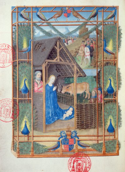 La Nativité avec des paons, miniature des Heures de Charles de France, vers 1466-69 - French School