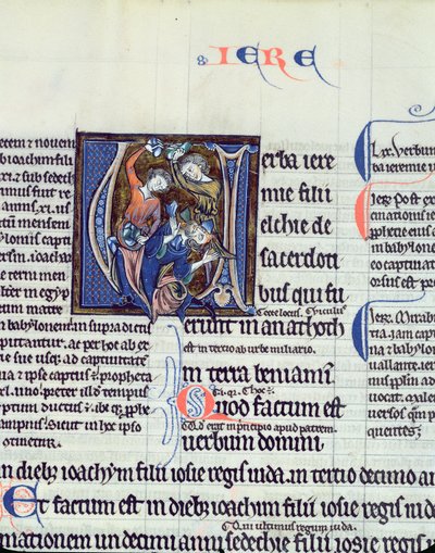 Ms 48 fol.95v Initiale historiée V représentant la lapidation du prophète Jérémie - French School