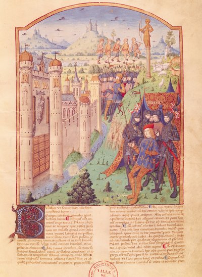 Ms 493 fol.1r Les Œuvres de Virgile avec Commentaire de Servius, Les Bucoliques, Roi assis sur son trône entouré de ses gardes devant une ville fortifiée, France, 1469 - French School