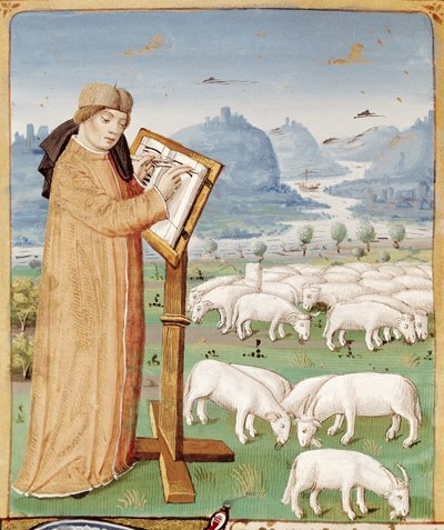Ms 493 fol.37v Virgile écrivant dans un champ de moutons et de chèvres, des Géorgiques de Virgile (70-19 av. J.-C.) avec commentaire de Servius, 1469 - French School