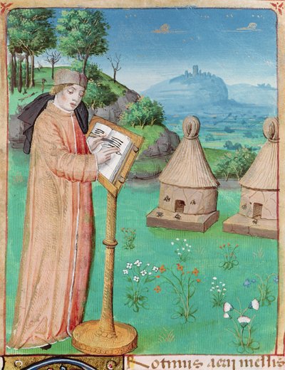 Ms 493 fol.45 Virgile écrivant La Vie des abeilles, des Géorgiques de Virgile avec un commentaire de Servius, 1469 - French School