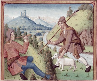 Ms 498 f.3v Tityrus rencontre Meliboeus, des Bucoliques de Virgile avec un commentaire de Servius, 1469 - French School