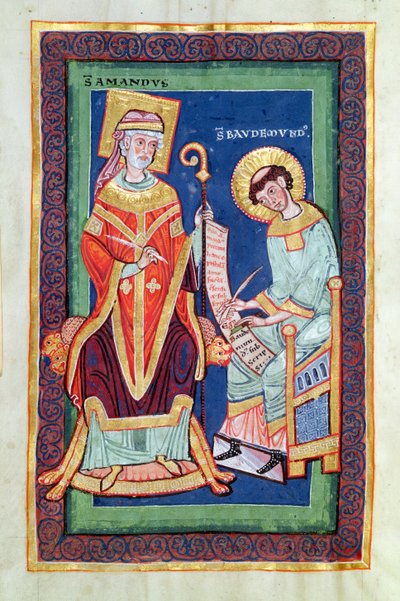 Ms 501 Fol.58 St. Amand rendant un parchemin à St. Baudemond, de la Vie et Miracles de St. Amand par St. Baudemond - French School
