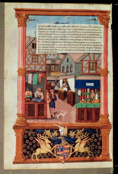 Ms 5062 fol.149v Une rue avec des boutiques et les armoiries de Robert Stuart, maréchal d
