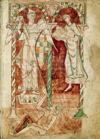 Le copiste présente son livre à Saint Michel, des Recognitiones de Saint Clément - French School