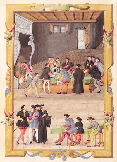 Ms 5169 f.2v Les Notaires et les Secrétaires du Roi dans la Salle du Collège des Notaires et Secrétaires du Roi - French School