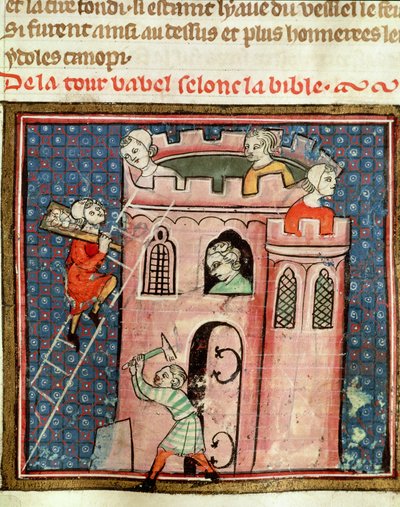 Ms 59 fol.17r La construction de la tour de Babel, de la Bible Historiale par Guiart des Moulins - French School