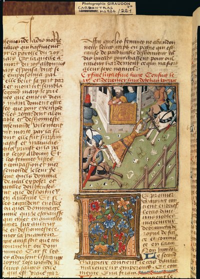 Ms 622 fol.221v La torture de Brunehilde des Hommes Illustres, vers 1460 - French School
