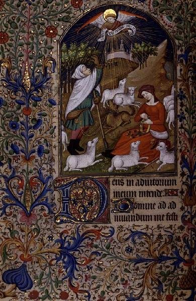 Ms 63 f.60v Ange apparaissant à un berger, une femme assise faisant une guirlande, d