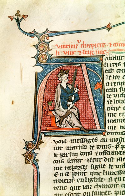 Ms 682 fol.17v Initiale historiée A représentant un roi assis tenant une épée à double tranchant - French School