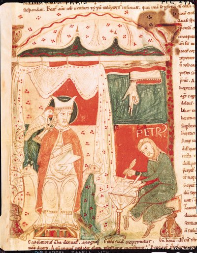 Ms 70 f.57 Le Pape Grégoire Ier le Grand (c.540-604) dictant le Livre de Job à son scribe Pierre, extrait de Moralia in Job du Pape Grégoire le Grand - French School