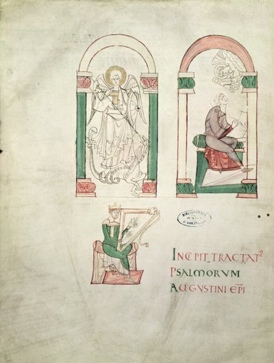 Ms 76 Saint Michel, Saint Augustin écrivant et Saint David jouant de la harpe, frontispice de Saint Augustin Super Psalmos - French School