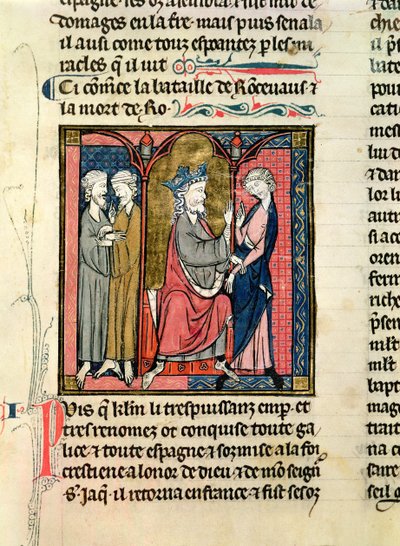Ms 782 f.152r Charlemagne (742-814) envoyant Ganelon aux rois saragossans, Marsile et Baligant, des Chroniques de Saint-Denis, c.1275 - French School