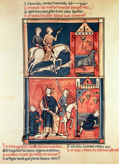 Une chasse au cerf et un roi, peut-être Dagobert I (632-39) sur son trône, de la Vie et des Miracles de Saint Denis - French School