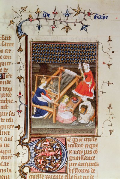 Tanaquil tissant, de `De Claris Mulieribus, des Œuvres de Giovanni Boccaccio, 1402 - French School