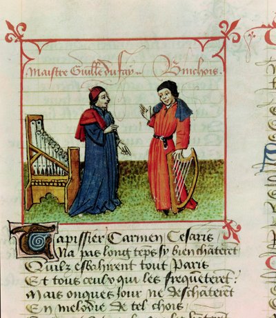 Ms Fr 12476 fol.98 Guillaume Dufay (d.1474) et Gilles Binchois (d.1460) du Champion des Dames de Martin le Franc (1410-61) 1440 - French School