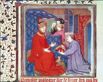 Jean (1340-1416) duc de Berry recevant un manuscrit de Boccace, des Cas des Nobles Hommes et Femmes par Giovanni Boccace (1313-75) - French School