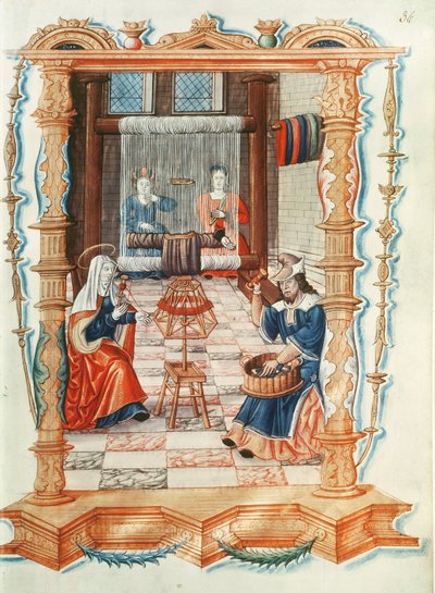 La Vierge Marie tissant dans un atelier, des Chants royaux sur la Conception couronnée du Puy de Rouen - French School