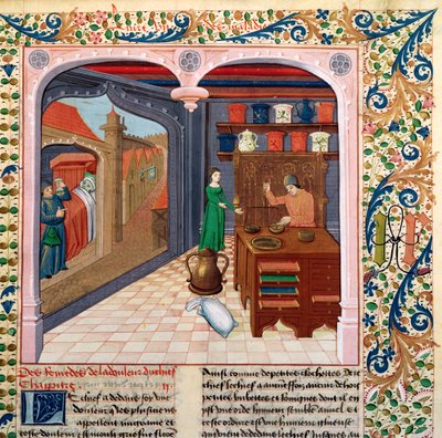 Ms Fr 218 fol.111 Un patient dans son lit et un apothicaire préparant des médicaments, du Livre des Propriétés des Choses par Barthélemy l