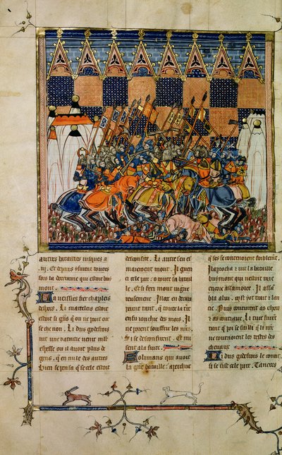 Ms Fr. 352 fol. 49v Scène de bataille, de la biographie de Godefroi de Bouillon, Une Histoire des Saints de l