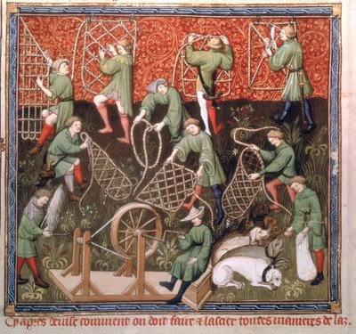 Ms Fr 616 fol.53v Hommes avec des filets, du Livre de la Chasse par Gaston Phébus de Foix (1331-91) début du 15ème siècle - French School