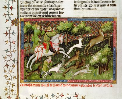 Ms Fr 616 fol.77 Chasse au cerf, du Livre de la Chasse par Gaston Phébus de Foix (1331-91) - French School