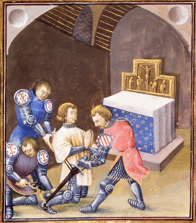 Ms. Fr 99 f.561 Galahad reçoit une épée et des éperons lors du rituel de chevalerie avant de partir pour la Quête du Graal - French School