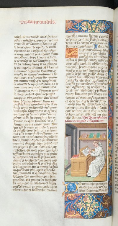 Un moine chartreux en blanc écrivant un manuscrit, illustration de Vita Christi par Ludolf de Saxe - French School