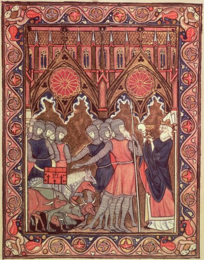 Abraham présente ses prisonniers et son butin à Melchisédech, du Psautier de Saint Louis, vers 1258-70 - French School