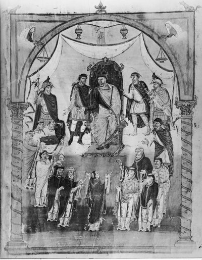 Le Roi Charles II (823-877) Recevant une Bible du Comte Vivian et des Moines de Saint-Martin de Tours, de la Première Bible de Charles le Chauve, c.843-51 - French School
