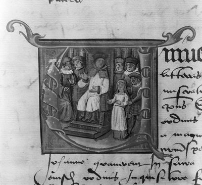 Ms Lat 5969 Initiale historiée A représentant le procès de Jeanne d