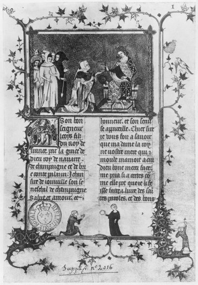 Ms fr 13568 fol.1 Jean de Joinville offrant son livre sur Saint Louis (1215-70) à Louis X (1289-1316) le Hutin - French School