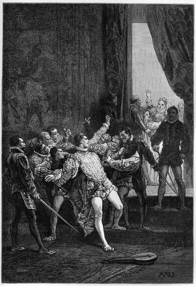 Assassinat de David Rizzio (Davide) en présence de Marie Stuart (Marie Ière) (1542-1587) - gravure dans "L