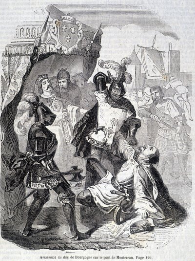 Assassinat du duc de Bourgogne (Jean sans Peur) sur le pont de Montereau en 1419 - dans « Histoire de France » par L.-P. Anquetil - French School