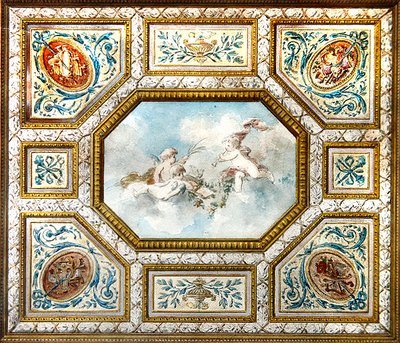 Plafond de la salle de musique avec des putti jouant des instruments (aquarelle et gouache sur papier) - French School