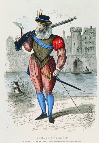 Mousquetaire en 1586, illustration de Costumes de Paris à travers les siècles par H. Gourdon de Genouillac, gravée par A. Renard - French School